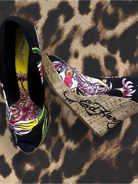 Ed Hardy Black Floral Cork Wedge Peep-Toe Platform Heels